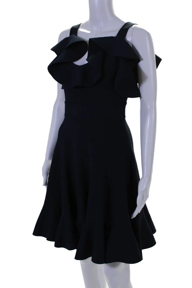 Alexander McQueen Womens Side Zip Ruffled Scoop Neck A Line Dress Navy Small - Image 2 of 4
