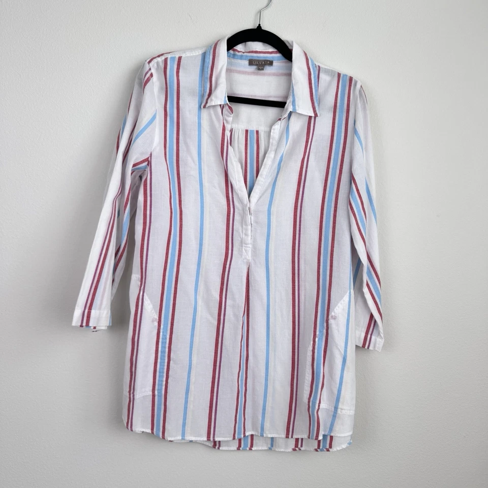 Túnica a rayas teñida hilo Lilla P con bolsillos popover playa manga 3/4 algodón Foto 4 de 4