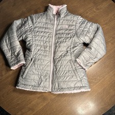 The North Face Reversible Mossbud Swirl Puffer Jacket Full Zip Gray/pinkGirls XL