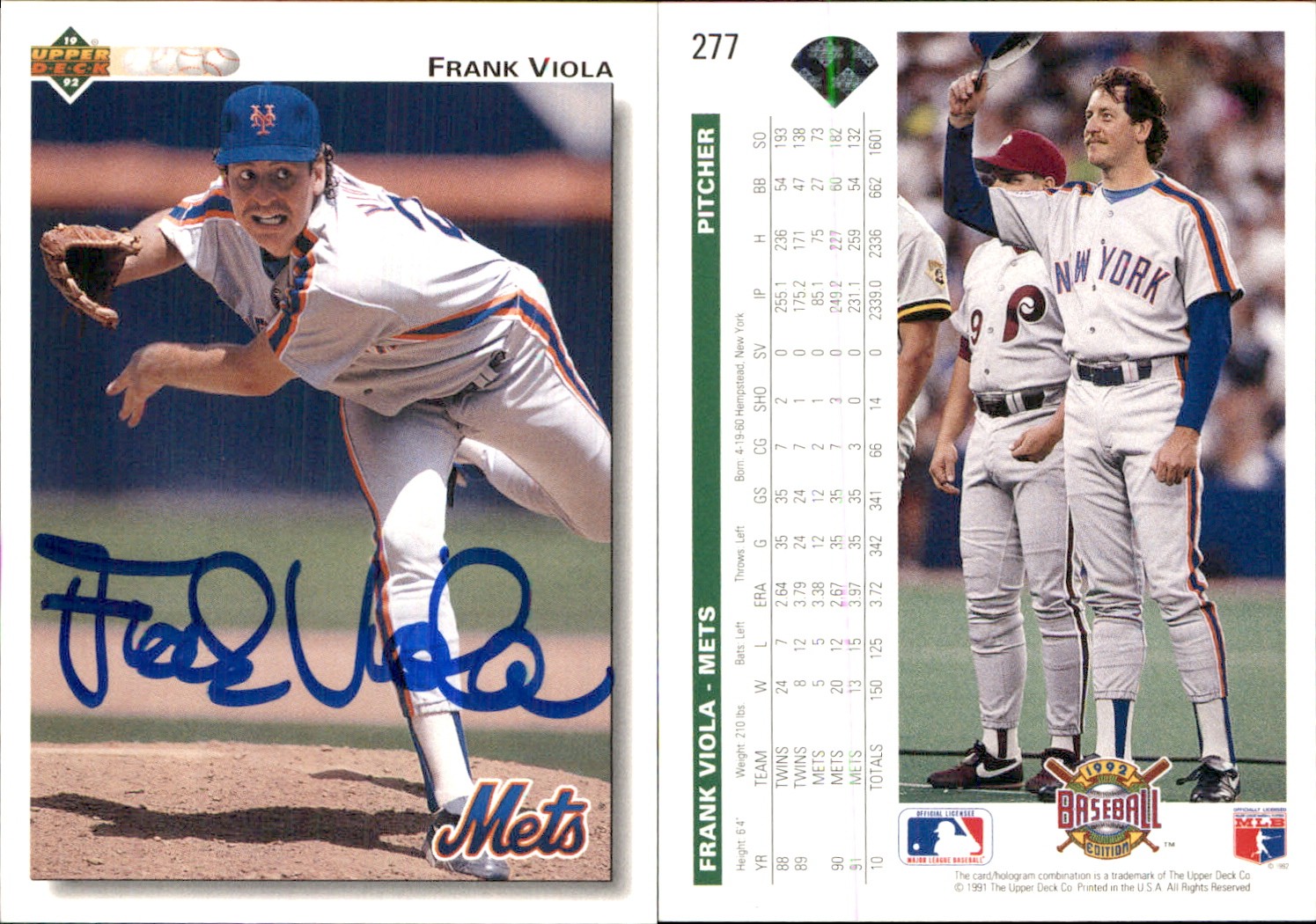 Frank Viola Signed 1992 Upper Deck #277 Card New York Mets Auto AU Autograph Den
