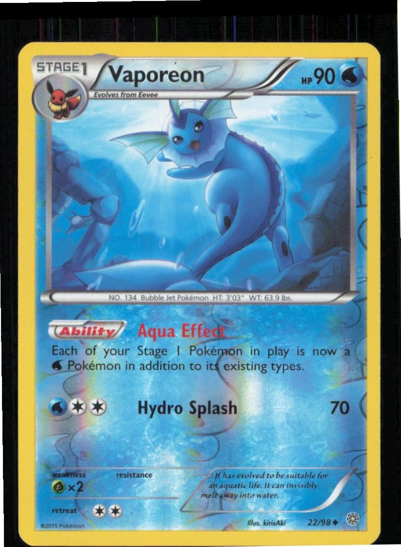 Vaporeon 22/98 Uncommon Ancient Origins Pokemon Reverse Holo Moderately Played