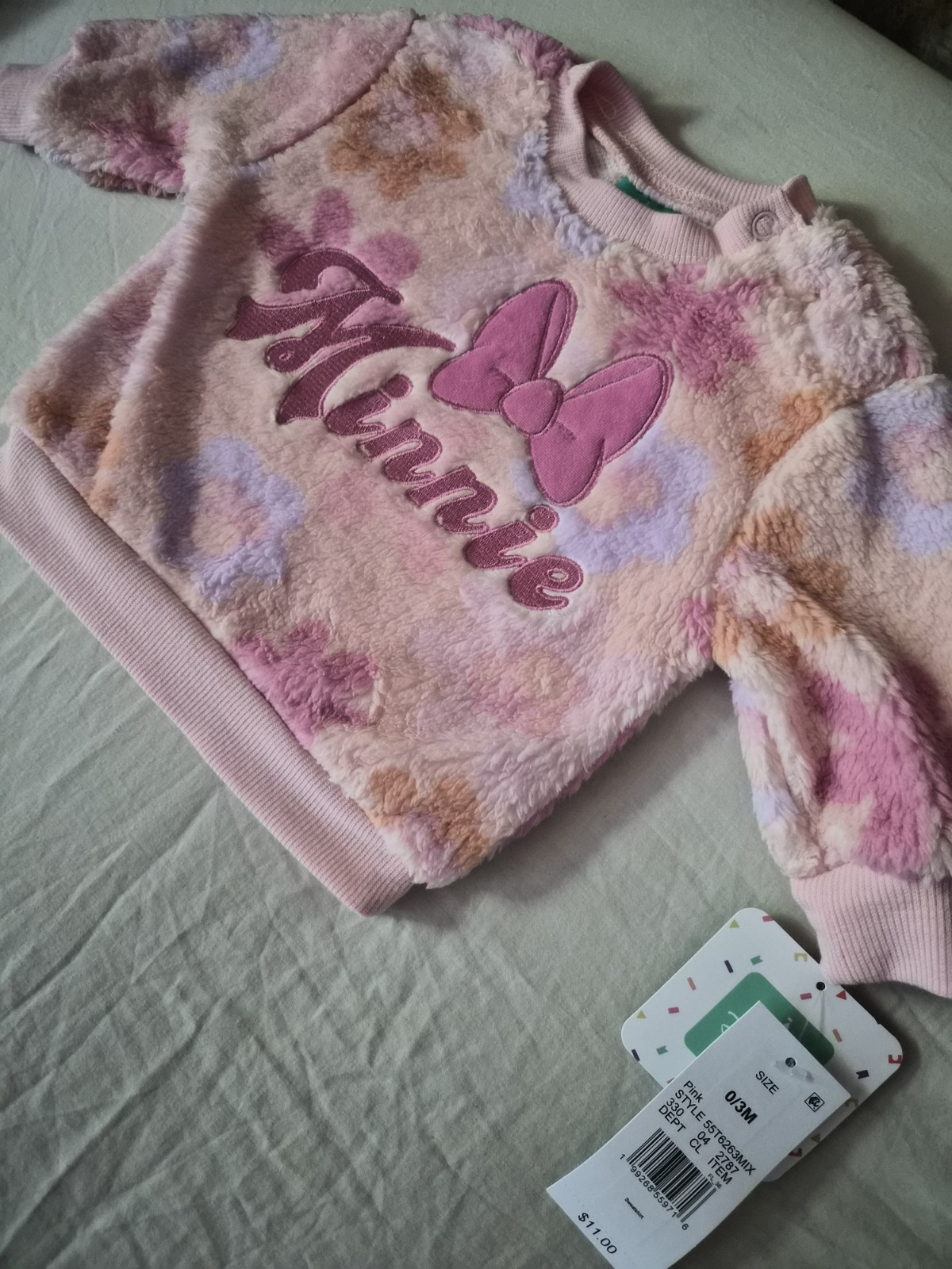 Disney Baby Minnie Mouse Girls Sweatshirt 0-3M Pink Fleece Lined Crewneck