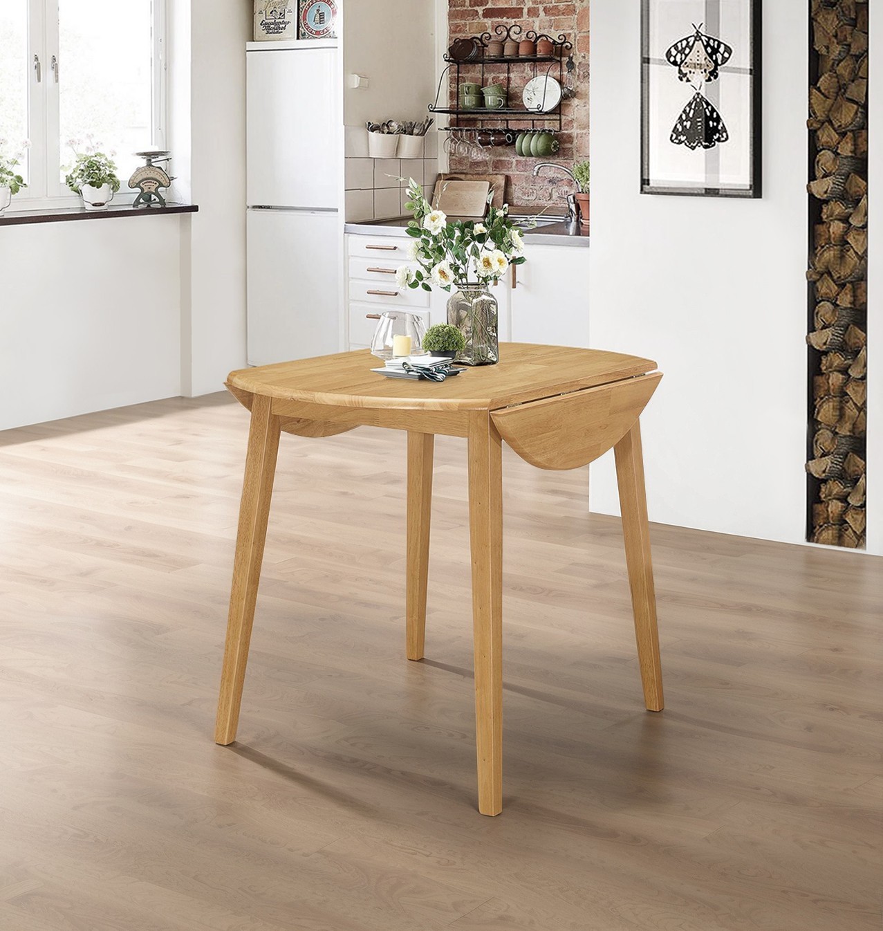Dining Table, Small Solid Wooden Round Drop Leaf Kitchen Table in Oak Finishing