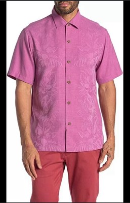 Tommy Bahama 100% Silk pink /purple Button Down Kamari Border Camp Shirt Size M