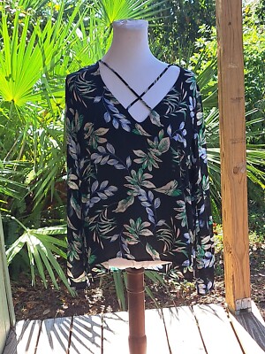 Lush Top Womens S Black Floral Print Sheer Blouse Deep Strappy V-neckline