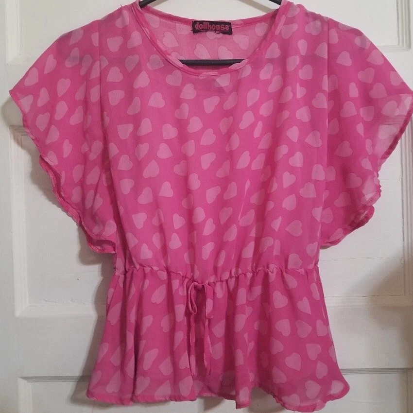 * Túnica sin mangas rosa DOLLHOUSE con estampado de corazón superpuesta semi transparente niñas talla 7-8 Foto 2 de 4