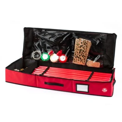 Christmas Village Red Wrapping Paper Storage Bag with 2 Clear Pouches & Handles