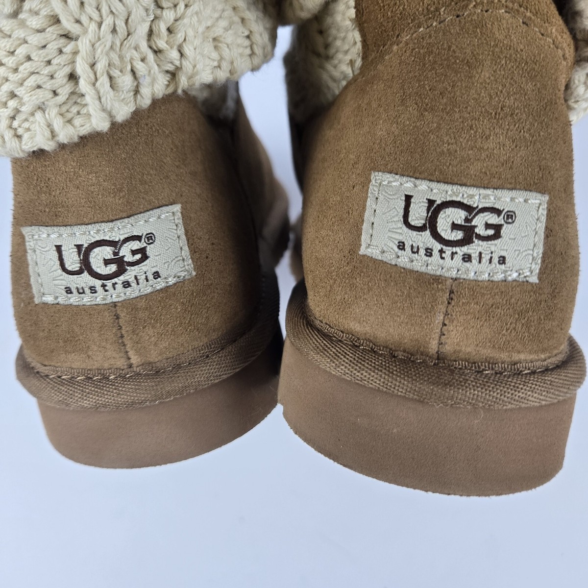 UGG TAN Brown Suede SWEATER Winter BOOTS BUCKLE Sock Straps Women’s Size