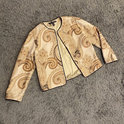 Linda Allard Ellen Tracy Wool Cashmere Blend Leather Trim Open Front Jacket  12