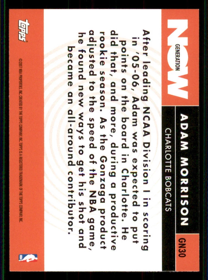 2007-08 Topps Generation Now #GN30 Adam Morrison - Image 2 of 2