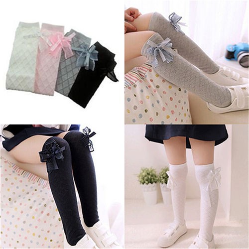 Girl Classic Kids Cotton Socks Tights School High Knee Gridding Bow Stockin SZ - Picture 1 of 14