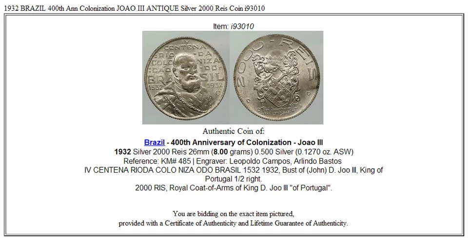 1932 BRAZIL 400th Ann Colonization JOAO III ANTIQUE Silver 2000 Reis Coin i93010 - Image 3 of 3