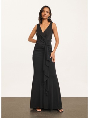 DONNA KARAN NEW YORK Womens Black Cascading Ruffle Lined Sleeveless Gown Dress 4