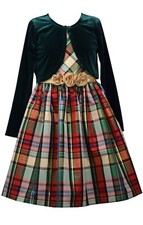 Bonnie Jean Girls Santa Christmas Holiday Velvet Cardigan Plaid Green Dress Set