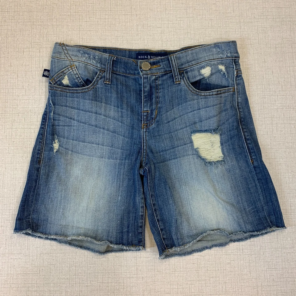 Rock & Republic Bumper Shoot Denim Shorts Womens 8 Distressed Raw Hem 7" Inseam - Image 2 of 4
