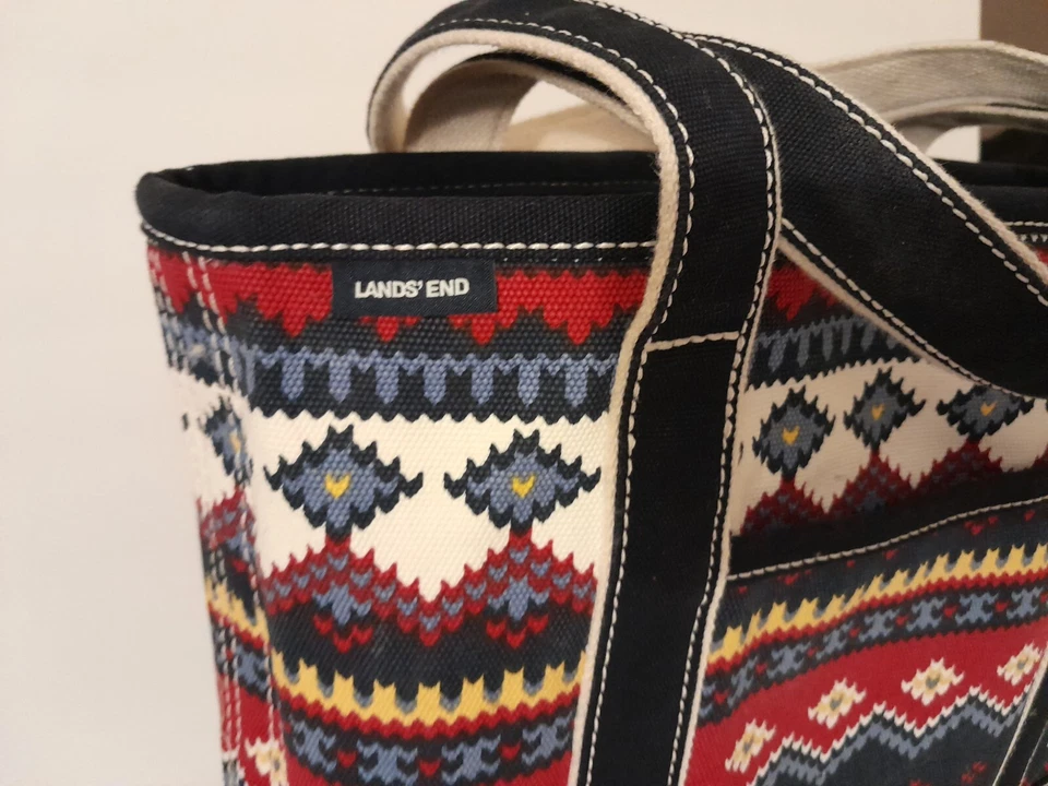 Bolso de Mano Lands End Usado en Excelente Condición Lona Cremallera NATIVO AZTEC Azul Rojo Amarillo Difícil de Encontrar Unisex Foto 3 de 4