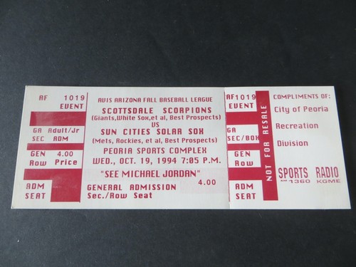 AUTHENTISCH Michael Jordan 1994 Arizona Fall League Baseball vollständiger Ticket-Abschnitt