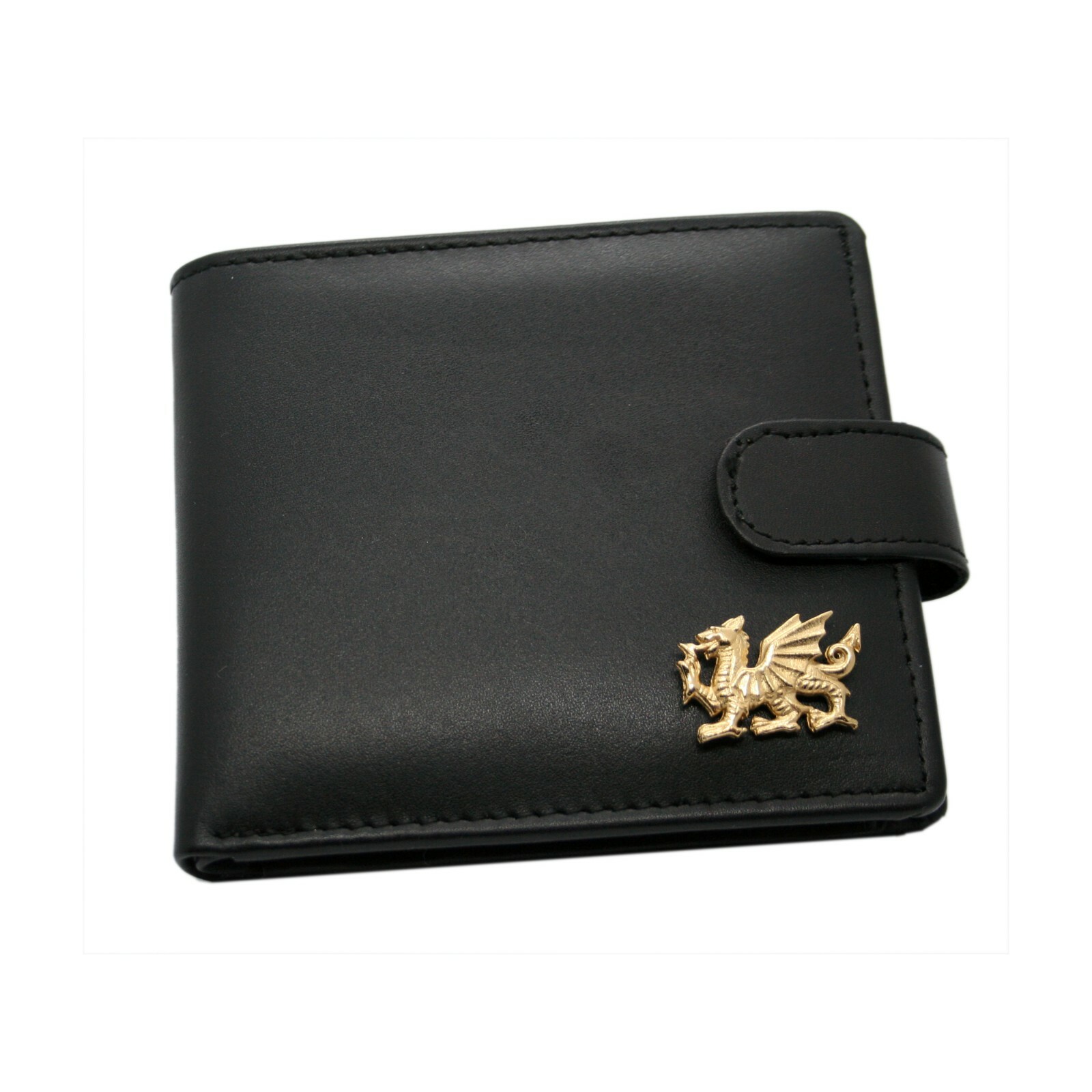 Genuine Black Leather Wallet with a Pewter Golden Welsh Dragon Emblem