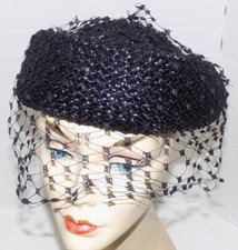 Vintage Black Woven Straw Pillbox Hat with Veil Velvet Bow