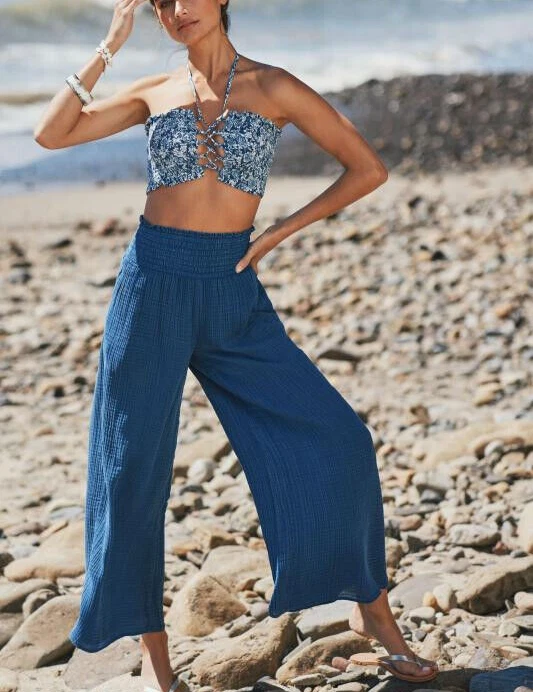 Anthropologie M NWT The Aster Pants Wide Leg Gauzy Blue Lounge Beach New  Medium