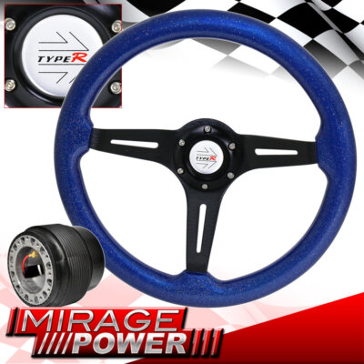 Type-R 345mm Blue Wood Sparkling Streak Style Steering Wheel For 89-05 Eclipse