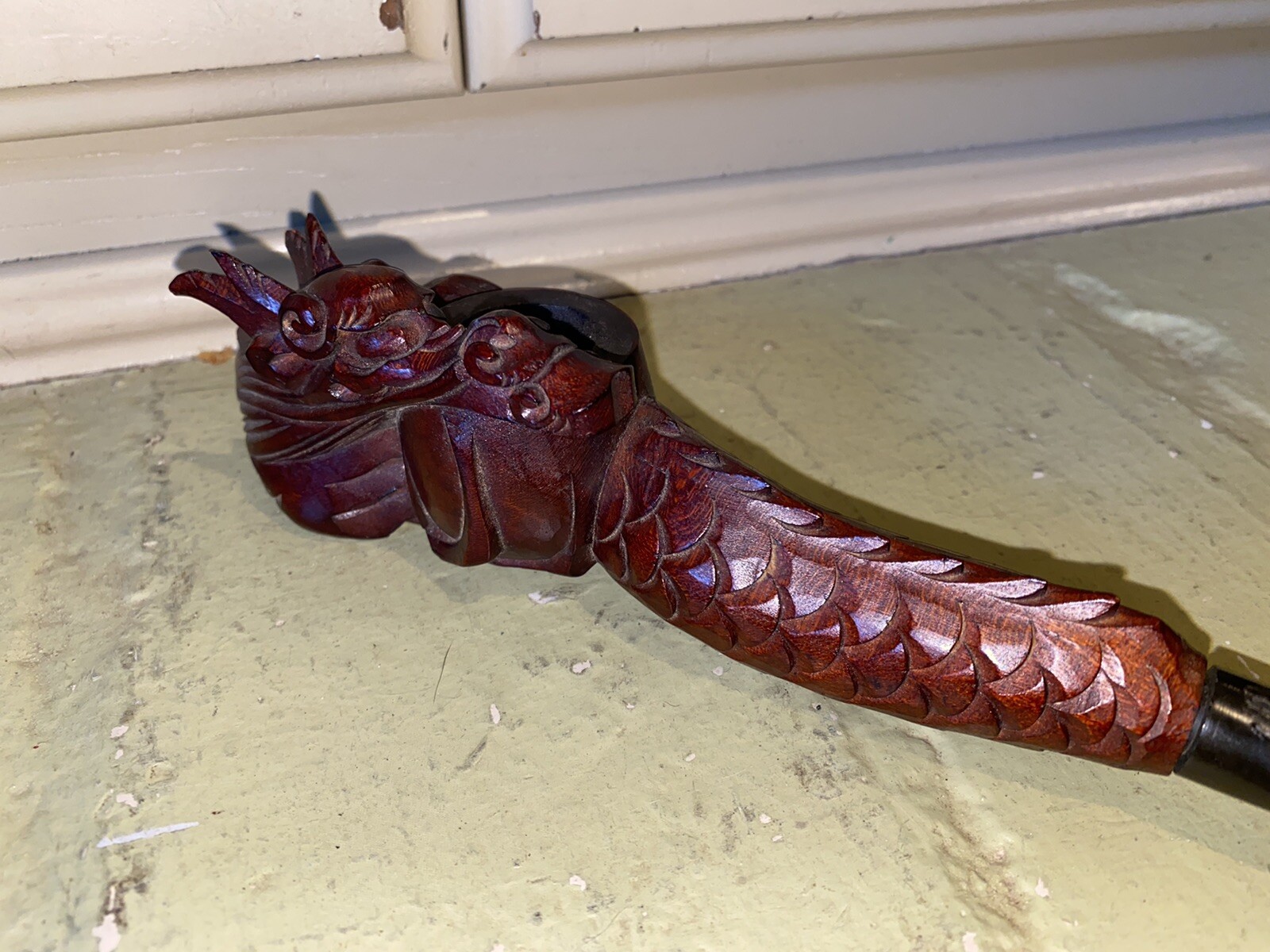 Vintage Chinese Smoking Pipe Hand Carved Wood Oriental Dragon Head