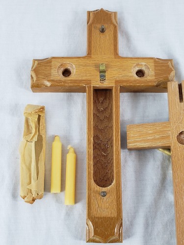 Vintage Holz Letzte Rechte Kruzifix Krankenruf Kreuz Kerzen ohne Weihwasserflasche - Bild 7 von 8