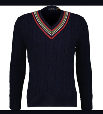 POLO RALPH LAUREN MENS Navy V Neck Cable Knit Sweater Cricket