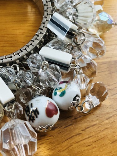Vintage Clear, Black White Striped, Porcelain Beads Expansion Cha Cha Bracelet - Picture 4 of 19