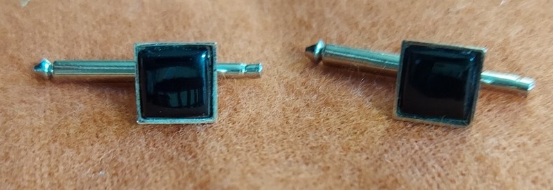 TWO (2) BLACK ONYX SLIDING SHIRT PINS STUDS, SILVER COLOR, Vintage