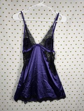 Frederick's Of Hollywood Purple Satin Lace accent open Back Lingerie Nightie SM