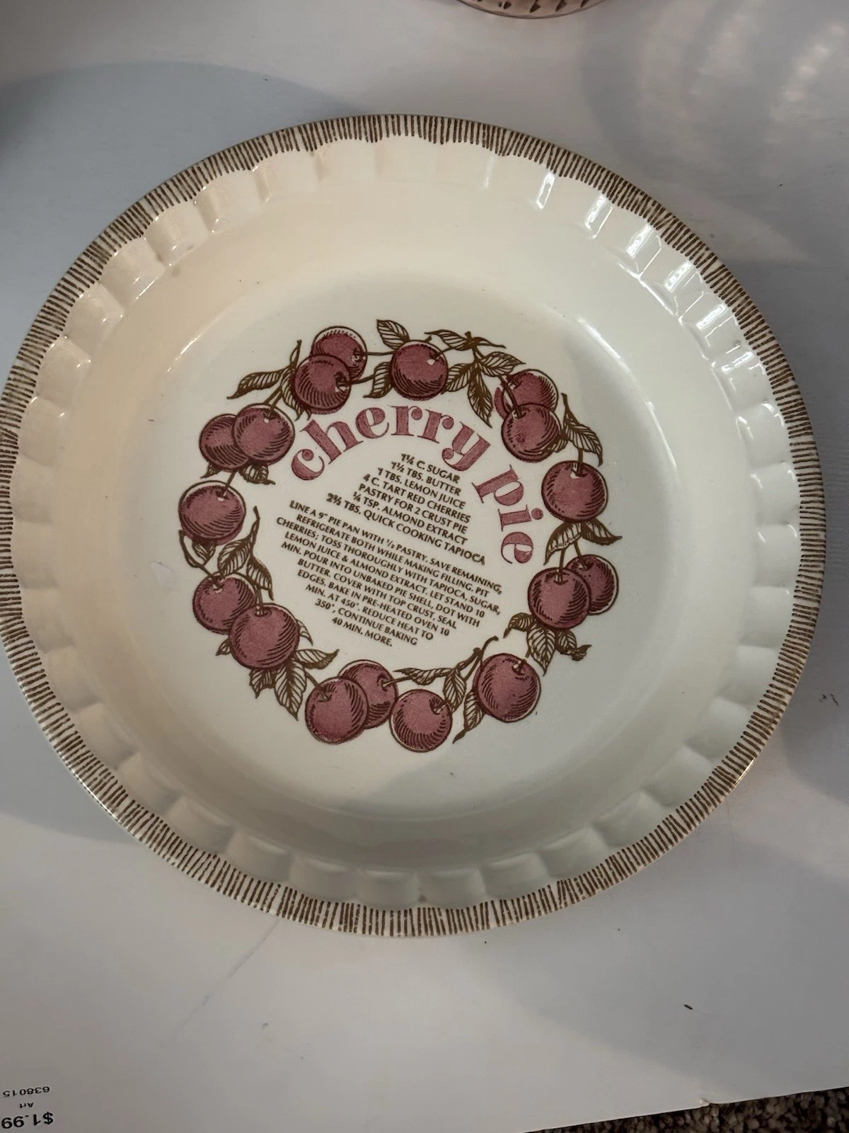 Vintage Royal China by Jeannette Country Harvest Cherry Pie Pan Plate w/ Recipe