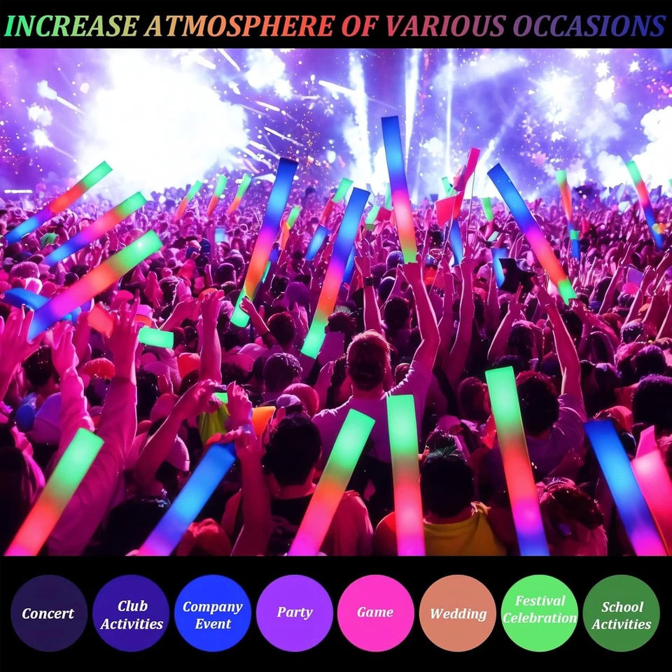 100 PIEZAS Palos de Espuma LED Varitas de Iluminación Rally Brillo Intermitente Fiesta Rave Foto 2 de 4