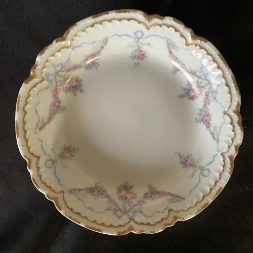 Limoges French China 5” Dessert Bowls Pink Roses Blue Bows And Ribbons Set Of 6