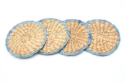 Handmade Water Hyacinth Drink Coaster Set of 4 Hand Woven Rattan Crocheted 4.5''