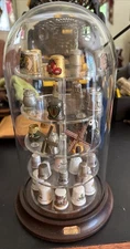 Estate Find 37 Thimbles + Display Case 5 Tier Wood Stand-Glass Dome Vintage