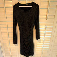 Express Black/Silver Metallic Glitter Ruched Bodycon Knit Scoop Neck Dress M