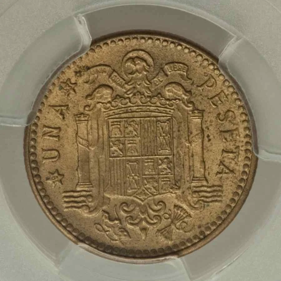 1947 Spain Aluminum-Bronze Coin 1 Peseta Francisco Franco Facing Right PCGS MS64 - Image 3 of 3