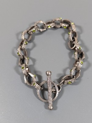 Antiqued Silver Tone Green Rhinestone Rolo Chain Toggle Bracelet 6.5 in