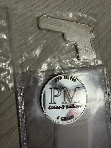 PM Coins & Bullion 5g .999 Silver Round & Silver Pistol Bars Lot, 10g Total