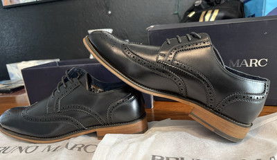 Bruno Marc Louis Black Wingtip Dress Shoe Men 9 Oxford Brogue w/ Box & Dust Bag 