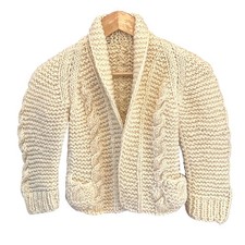 Cream Chunky Cable Knit Shawl Collar Cardigan Sweater Cozy Cottagecore Handmade