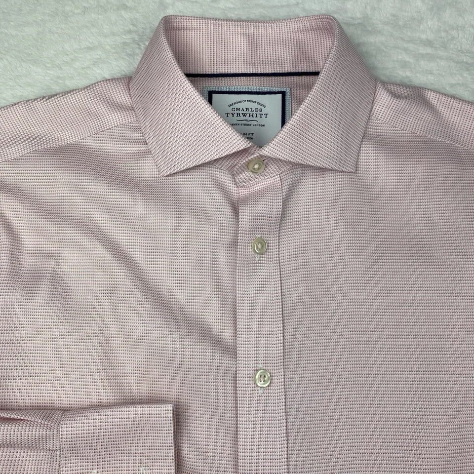 Camisa de vestir Charles Tyrwhitt para hombre 15,5-33 rosa geométrica calce ajustado sin hierro Foto 2 de 4
