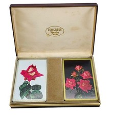 Vintage Congress Playing Cards 2 Deck Set Rose Hinged Case 1 Deck Incomplete