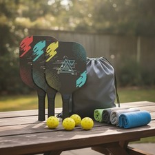 Complete Pickleball Set: 4 Wooden Paddles, Balls, Cooling Towels  Carry Bag
