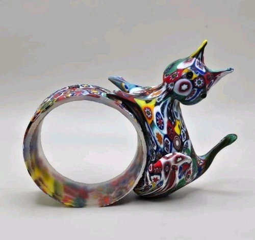 Murano Italy Art Glass Satin Frosted Blown Glass Millefiori Cat Napkin Ring