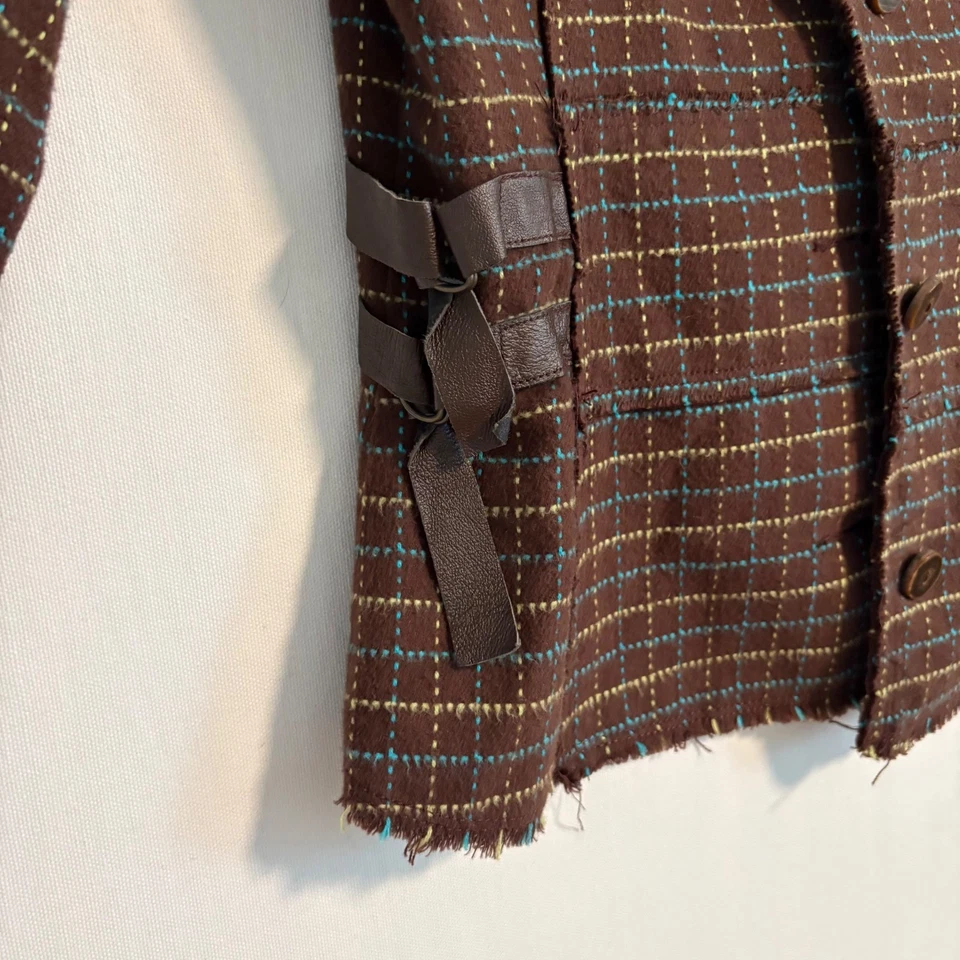 Chaqueta Blazer Free People Marrón Tweed a Cuadros Borde de Flecos Detalle de Cuero Talla 4 Foto 4 de 4