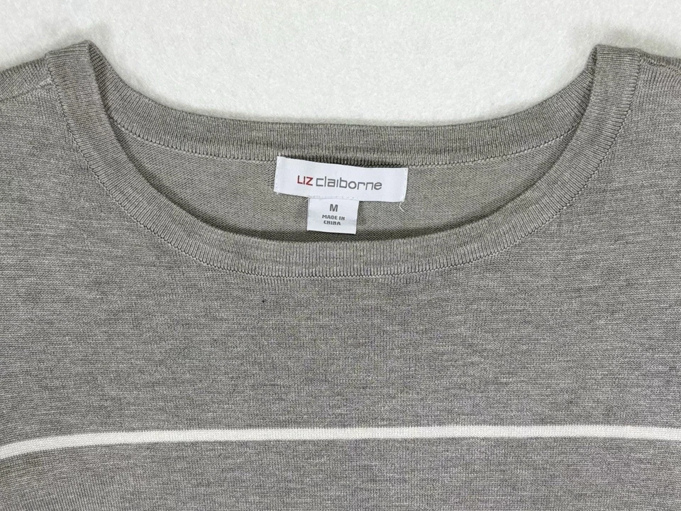 LIZ Claiborne Women’s Medium 3/4 Sleeve Gray/Black/White Strip Sweater Knit Top - Image 3 of 4