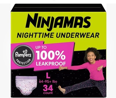 Pampers Ninjamas Nighttime Underwear Girls Size L 34 Count 64-125 lbs