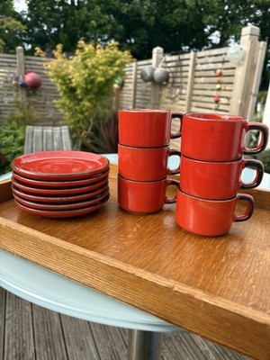 Vintage KIL Liboje Jugoslawien rote Lava Glasur Espressotasse & Untertasse Set - 6 RAR
